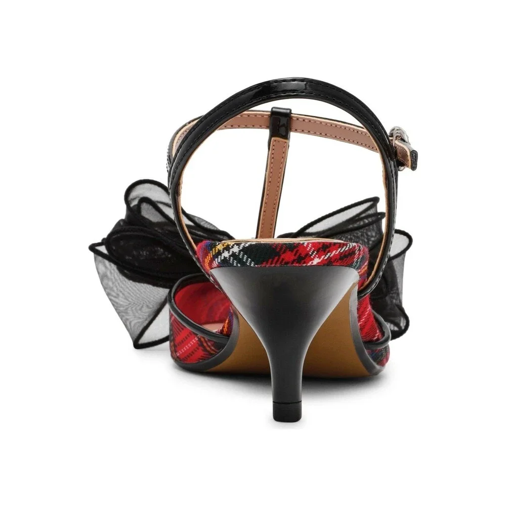 Betsey Johnson Lillyan Pump Women 7.5M Red Plaid T-Strap Pointed Toe Kitten Heel - Picture 5 of 13